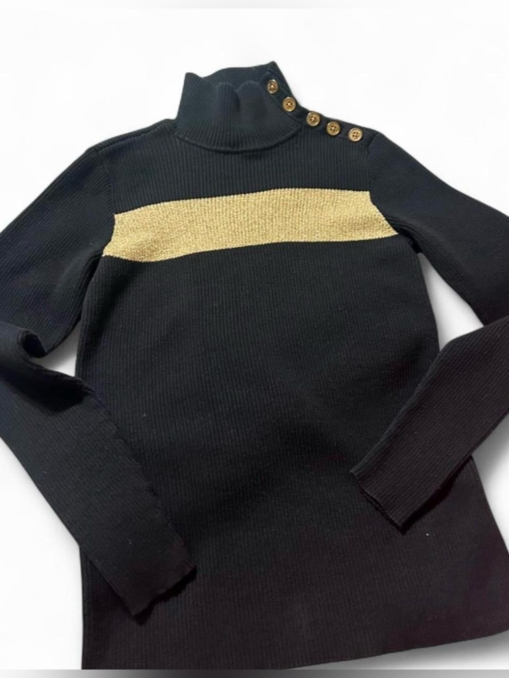 Lauren Ralph Lauren Petite  Sweater with Gold Stripe and Button-Shoulder